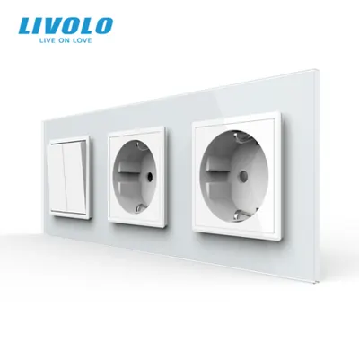 Intrerupator mecanic dublu + priza Schuko + priza Schuko, cap / cruce, cu rama sticla Alb