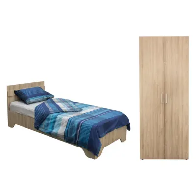 Set dulap ALMA 2 usi, 5 rafturi, sonoma, 80x52x203 cm si pat ALMA cu picioare, 90x200 cm, sonoma deschis