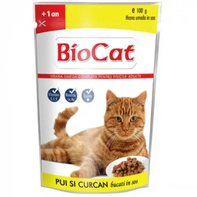 Hrana umeda pentru pisici Biocat cu pui curcan in sos 100 gr