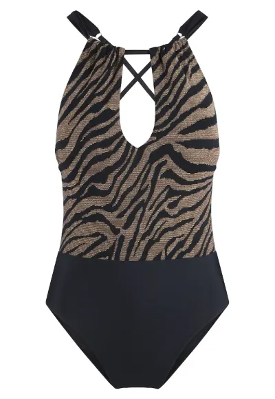 Costum de baie cu animal print si bretele ajustabile - Negru