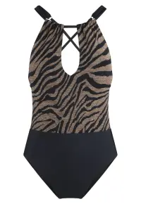 Costum de baie cu animal print si bretele ajustabile - Negru