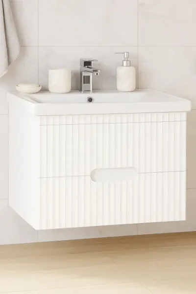 Set Baza front MDF si Lavoar seria 709, suspendata, cu sertare, 80 cm, alb
