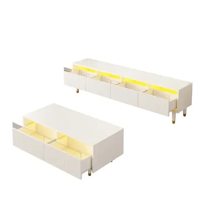 Set mobilier LED modern, comodă TV cu 4 uși & masă de cafea cu 2 sertare, 178x35x45+110x50x40 cm, Alb