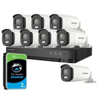 Sistem supraveghere exterior cu HDD 2TB HikVision, 8 camere, 5 MP, lumina alba 20 m, 2.8 mm, stroboscop