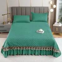 Cuvertura pat dublu, 3 piese, Catifea Matlasata cu Broderie, Verde