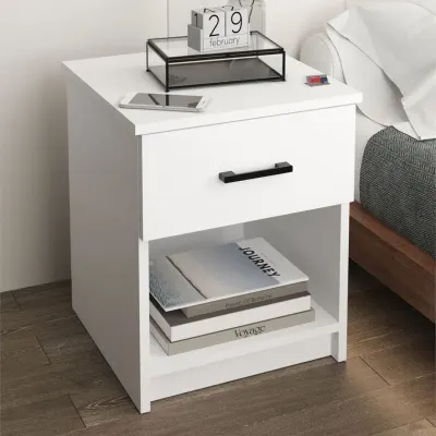 Noptiera cu sertar clasica, noptiera dormitor 44.6 x 44.3 x 54.1 cm, 1 sertar + 1 raft deschis, PAL melaminat 18 mm clasa E1 rezistent, design curat asamblare rapida 15 minute, stil modern minimalist scandinav