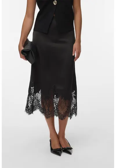 Fusta midi de satin si dantela - Negru