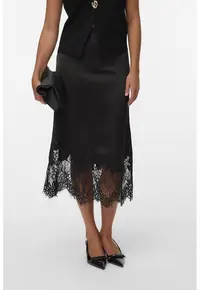 Fusta midi de satin si dantela - Negru