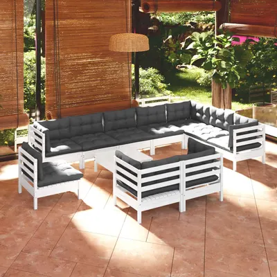 Gossi set mobilier gradina cu perne, 11 piese, alb, lemn masiv pin