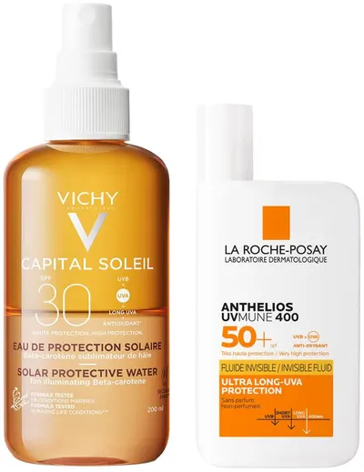 La Roche-Posay Anthelios & Vichy Capital Soleil Set - Fluid protector și apă de bronzare, 50 + 200 ml