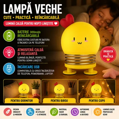 Lampa de noapte, de veghe, pentru copii sau bebelusi, Portabila, Baterie Reincarcabila 300mAh, Galben