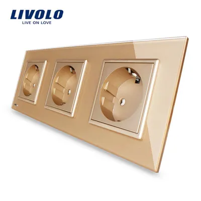 Priza Schuko Tripla, cu rama sticla Auriu