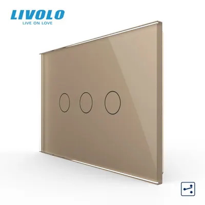 Intrerupator triplu, standard italian, cap scara / cap cruce, cu panou sticla, 3M Auriu