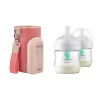 Set incalzitor biberoane, Lionelo, ThermUp Go Evo, USB, 5 trepte incalzire, Roz + 2x biberoane, Philips Avent, Cu supapa AirFree, 0 luni+, 125 ml, Alb