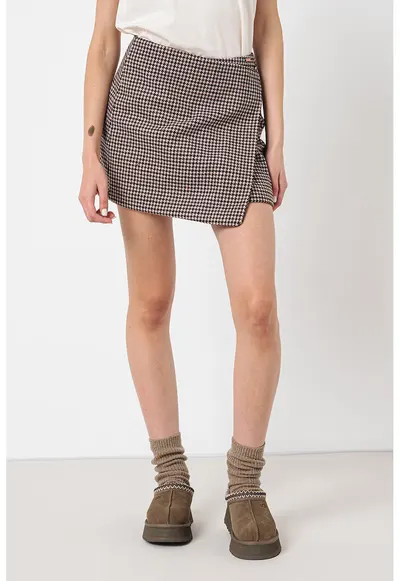 Fusta din amestec de lana cu model houndstooth - Maro inchis/Negru/Bej
