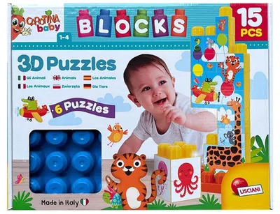 Constructor pentru bebeluși Lisciani Giochi - Carotina Baby, animale 3D, albastru
