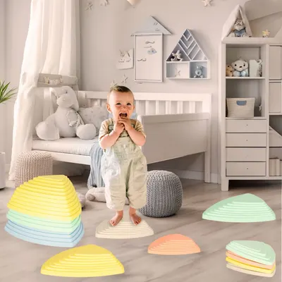 Set 11 pietre de echilibru pentru copii pastel, design ergonomic si inaltimi variabile