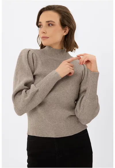 Pulover dama cu guler inalt - maneci volane - S-Moka - bej - Bej