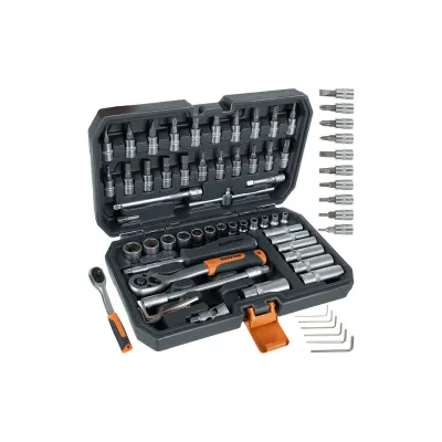 Set scule profesionale, 56 elemente din otel, chei tubulare, extensii, accesorii, valiza cu maner