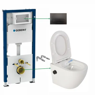 Set vas wc suspendat cu functie bideu si baterie negru mat Foglia Oslo, rezervor wc incastrat si clapeta negru lucios Geberit Duofix