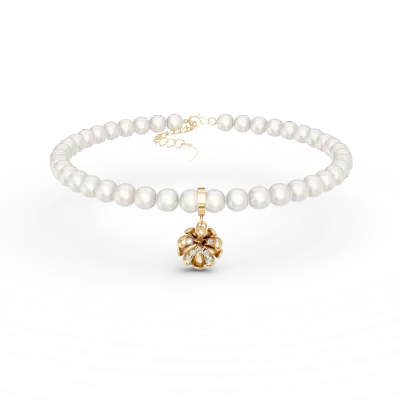 Bratara cu pandantiv floare de tei din aur galben cu diamante de 0.08ct si perle de cultura