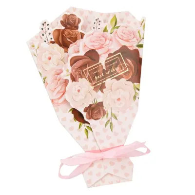 Felicitare hârtie cu panglică model buchet de flori - roz (set 10 buc) - Default Title