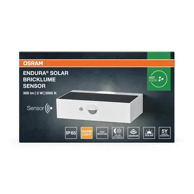 Aplica LED solara cu senzor de miscare si lumina OSRAM ENDURA SolarBricklume Sensor, 3W, 300 lm, lumina calda(3000K), PIR, IP65