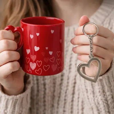 Set Cadou Indragostiti , zLots of Love, , Cana RoE ie cu Maner Inima E i Breloc Asortat