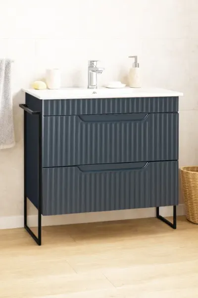 Set Baza front MDF si Lavoar seria 033, cadru metalic, sertare, montata, 80 cm, antracit