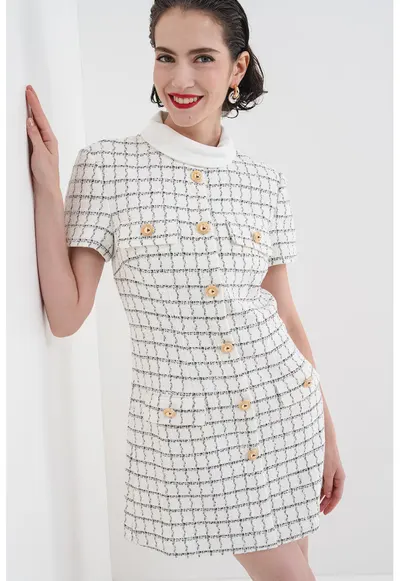 Rochie mini in carouri din amestec de lana cu nasturi decorativi - Negru stins/Crem