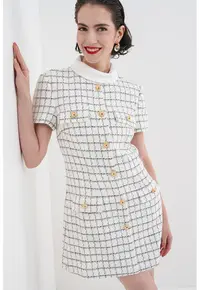 Rochie mini in carouri din amestec de lana cu nasturi decorativi - Negru stins/Crem