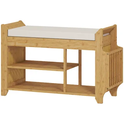 HOMCOM Bancă pentru pantofi cu șezut căptușit Depozitare laterală Raft pentru cizme Cadru din bambus 80x30x50 cm Natural | Aosom Romania