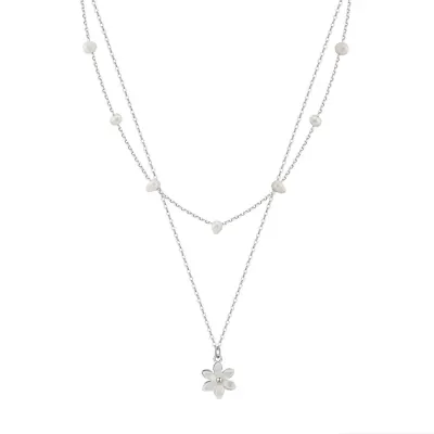 Lantisor argint 925, JW1706, model dublu cu floare, placat cu rodiu
