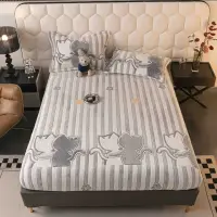 Cearsaf CoCoLiNo, JoJo Home, cu Elastic, 180x200x25cm, 2 fete de perne, 50x70cm, Alb, Gri, dungi, pisicute