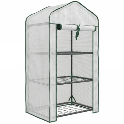 Outsunny Mini Seră pe 3 Nivele cu Acoperiș PE Întărit, Seră Portabilă cu Ușă Rulantă și Rafturi din Sârmă, 59x39x127 cm, Alb | Aosom Romania