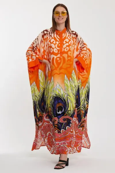 Rochie camasa oversize cu imprimeu paun, portocalie