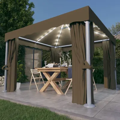vidaXL Pavilion cu perdea & șir de lumini LED, gri taupe, 3x3 m