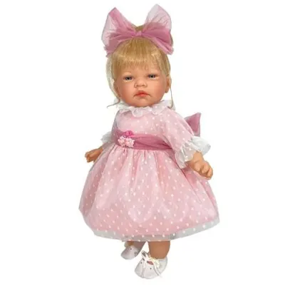 Papusa Nines D Onil, Celia, cu parul blond, cu rochie roz plumeti, cu miros de vanilie, 45 cm