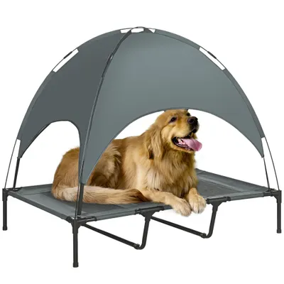 PawHut Pat pentru câini ridicat cu umbrelă, pat de camping pentru câini și pisici pe picioare din material Oxford respirabil, anti-UV cadru metalic geantă de transport inclus, spațiu de dormit pentru exterior pentru pisici 122 x 92 x 108 cm gri negru | A