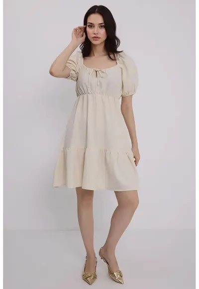 Rochie mini dama - HiCCUP - decolteu patrat - bumbac/poliester - bej