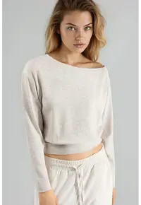 Bluza dama - bluza elastica cu maneca lunga - decolteu barca - bej natural - jerseu