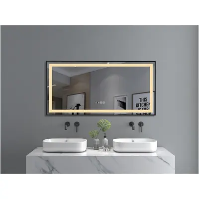Oglinda baie cu iluminare LED 3 culori, intrerupator Touch, ceas, functie dezaburire, 120x60 cm, rama aluminiu neagra, Belform Infinity