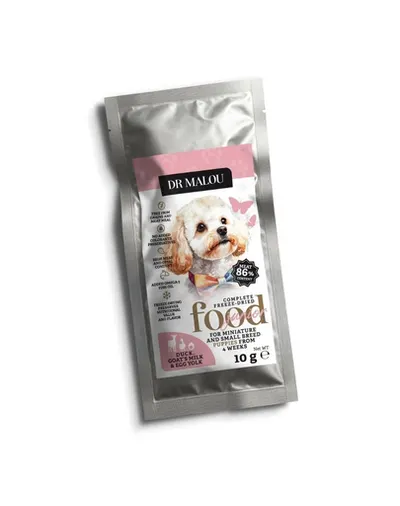DR MALOU Puppies Hrană liofilizată rață cu lapte de capră și gălbenuș 2x10 g hrană uscată pentru căței