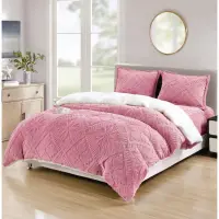 Lenjerie de Pat Dublu, CoCoLiNo Ultra Pufoasa, cu Blanita Sherpa Alba, 4 piese, Cearsaf cu ELASTIC, Model Traditional 3D, Roz