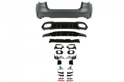 Bara (AMG STYLING, cu suporturi de montare; cu lamele; cu robinet, cu orificii pentru senzori de parcare, grunduit, cu un decupaj pentru teava de evacuare: 2) potrivit MERCEDES A-KLASA W177 Hatchback