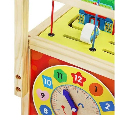 Antepremergator din lemn si Cub educativ 2-in-1 pentru copii, cu multiple activitati educative, cu abac, labirint, ceas