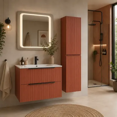 Mobilier suspendat pentru lavoar 80 cm, mattone, front riflat, cu maner negru, Fluminia Istria