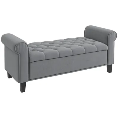 HOMCOM Bancuta Hol Banca Pat Matrimonial cu Depozitare si Cotiere Rulate, 126x48.5x57 cm, Banca Pat Gri | Aosom Romania