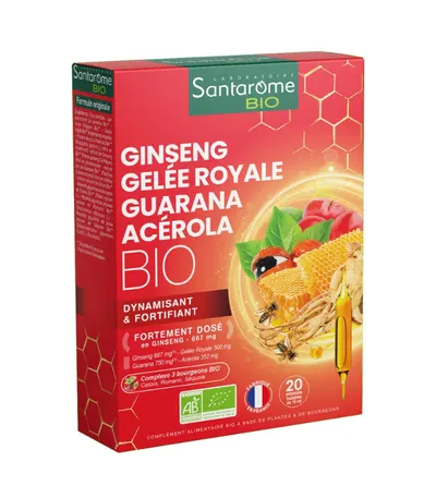 Ginseng Gelee Royale Guarana Acerola Bio, 20 fiole, Santarome