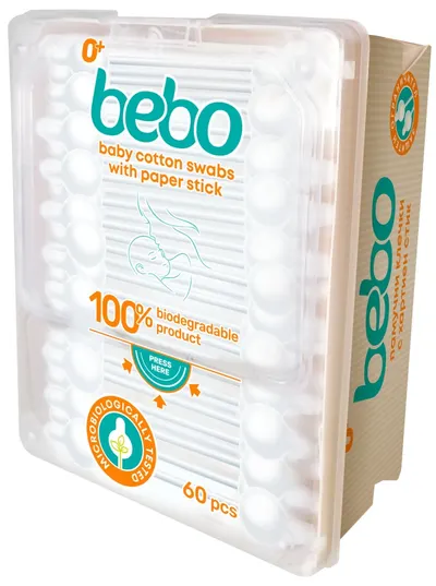 Bețișoare de bumbac cu stick de hârtie Bebo - 100% biodegradabile, 60 buc